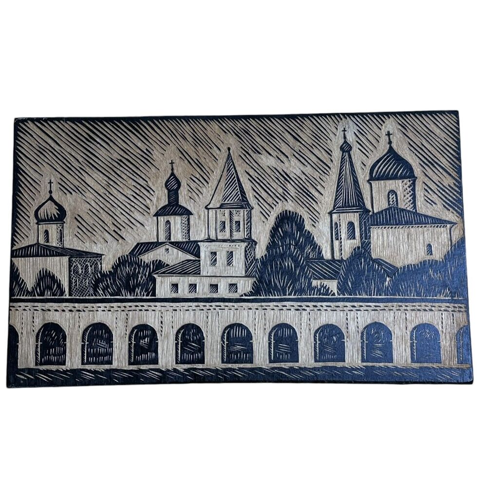 russian wood engraving soviet cityscape